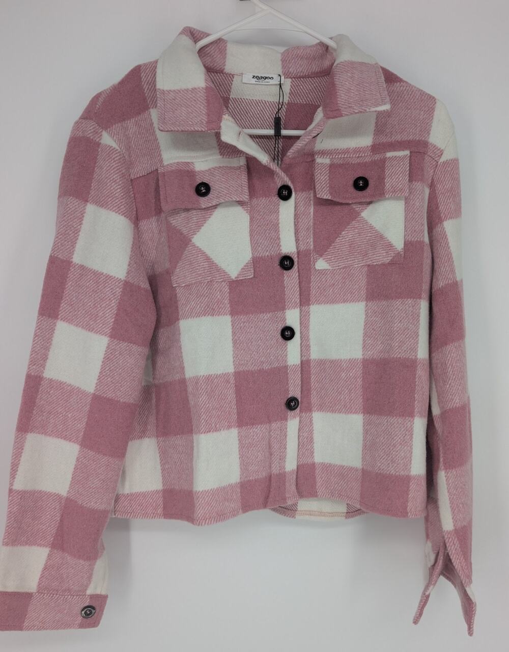 Pink White Buffalo Plaid Shacket Womens Small Button Up NWT Preppy Cozy Layer